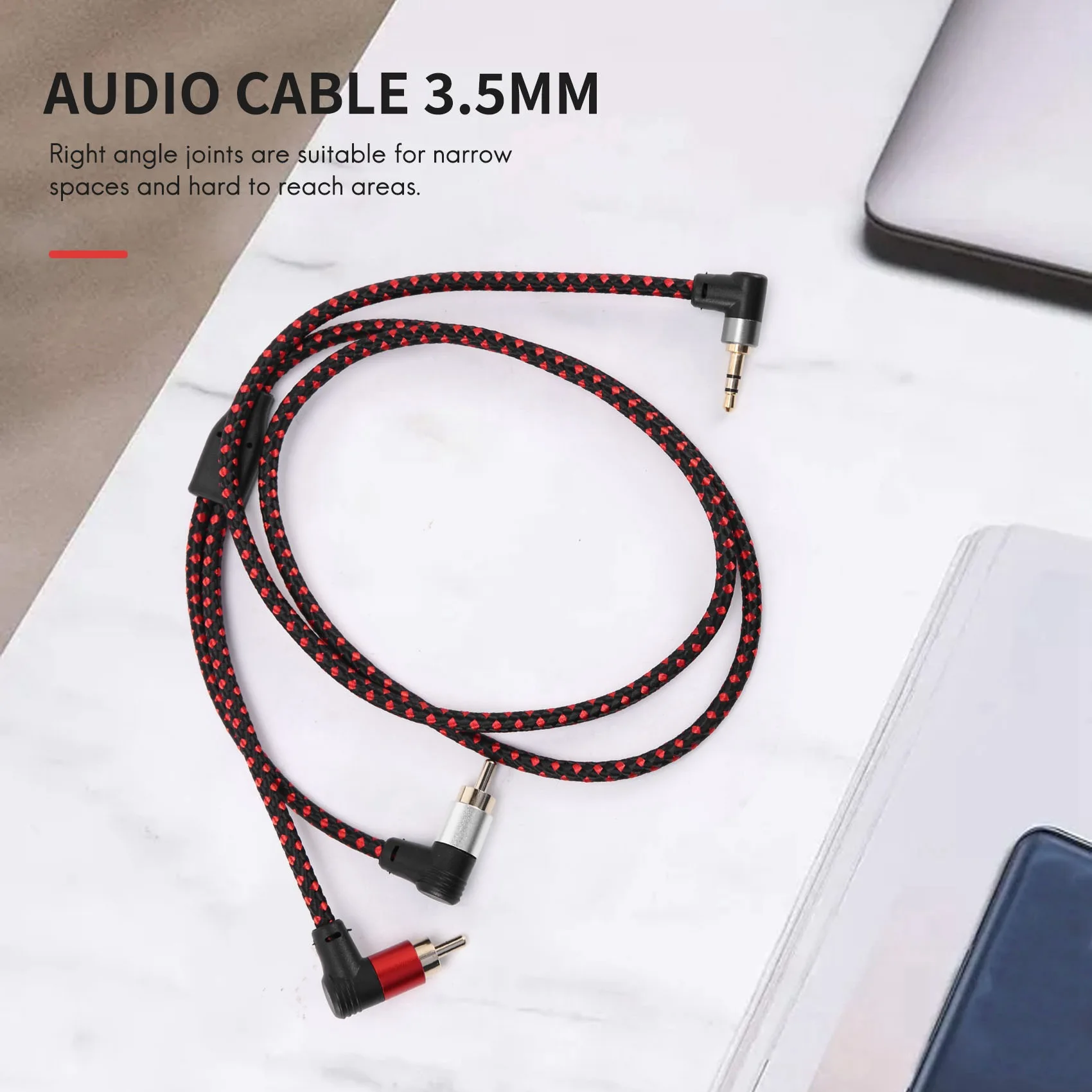 훌륭한 90도 3.5mm 남성 2 RCA 남성 케이블 직각 스테레오 AUX Y 분배기 코드 마이크 잭 플러그 노트북 1M