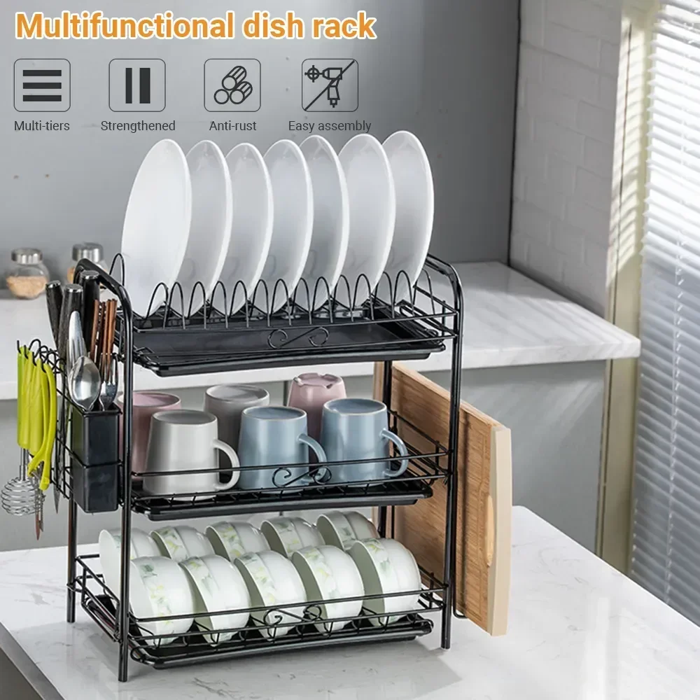 3-Tier Dish Drying Rack Kitchen Storage Shelf with Drain Board Countertop Dinnerware Organizer Kitchen Organizer Drainer
