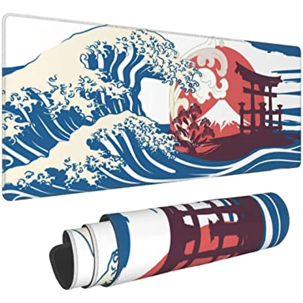 Japanese Wave Sun Gaming Mouse Pad XL Large Non Slip Rubber Mousepad Stitched Edges Desk Pad Long Extended Mice Pad 31.5X11.8 In