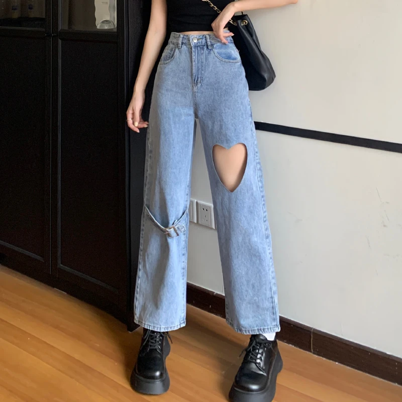 JMPRS Streetwear Women Jeans High Waist Love Hollow Out Designed Wide Leg Denim Pants 100% Cotton Casual Female Loose Jeans New bootcut jeans