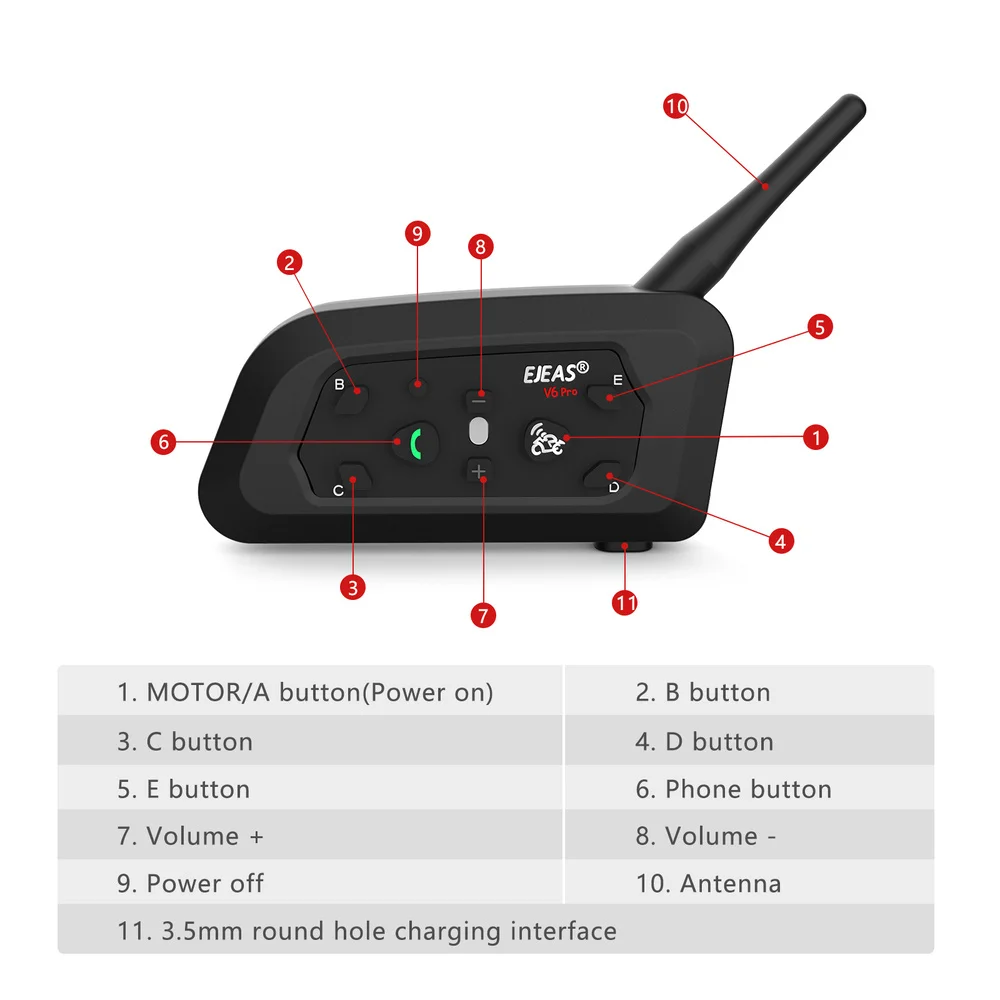 Ejeas v6 pro + motorrad intercom helm bluetooth headset 6 fahrer 800m kommunikator wasserdicht v 5,1 musik player sprechanlage – Detail 22