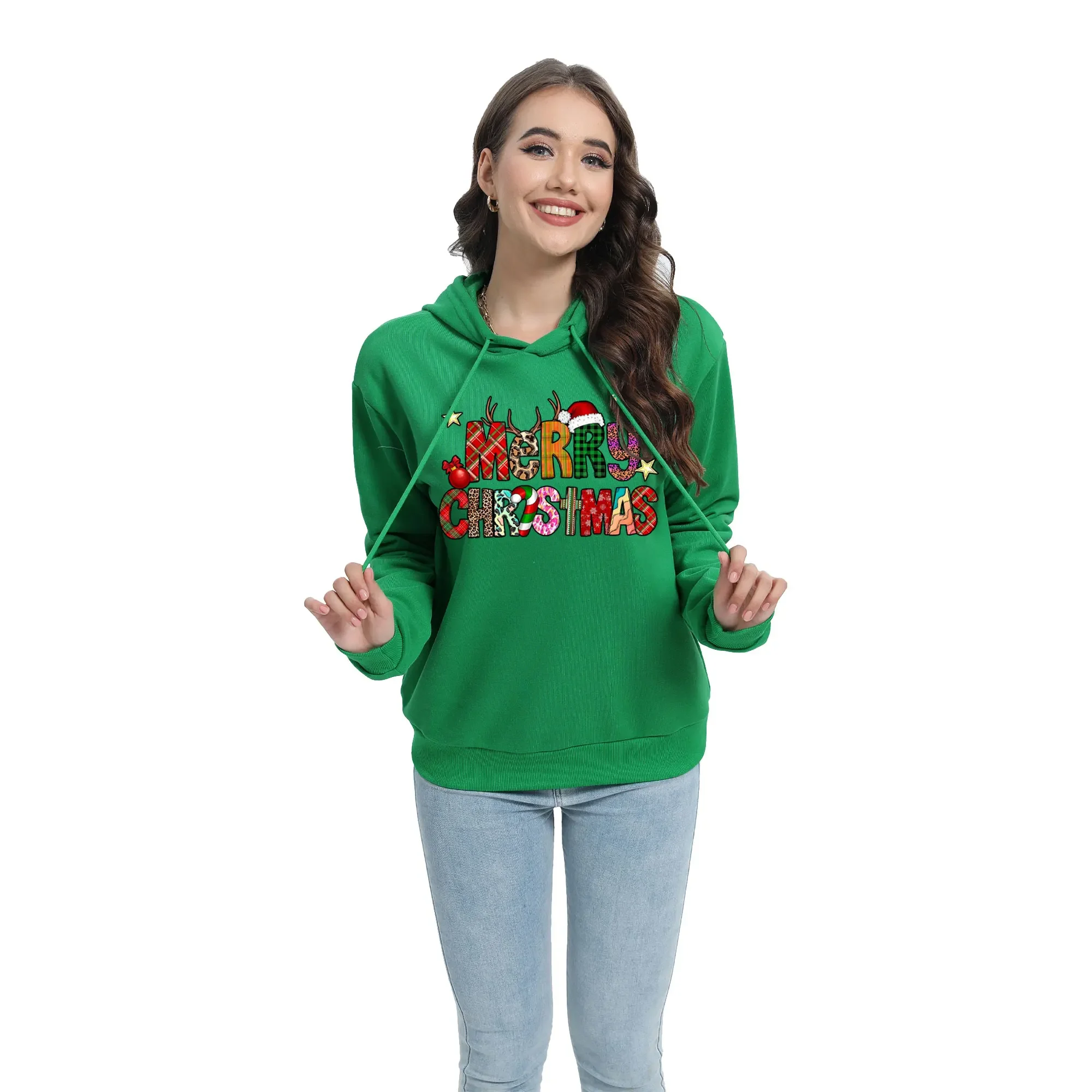 

Christmas Happy Hooded Casual Fashion Pullover Cartoon Print Street Clothing Winter Plus Size Women's