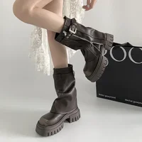 Winter Women Biker Boots Fashion Belt Buckle Ladies Elegant Platform Long Pipe Booties Casual Women's Knee High Booties2024 - Image 2
