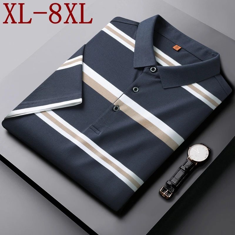 

8XL 7XL 6XL 2024 New Summer Top Grade Luxury Striped Polo Shirt Men Business Casual Mens Polos Shirts Fashion Loose Tshirt Man