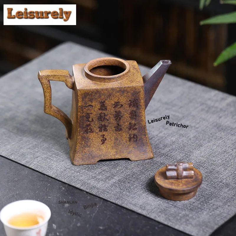 500ml Yixing Purple Clay Teapot Handmade Square Pot Raw Ore Wood-fired Porcelain Mud Tea Brewing Kettle With Infuser Zisha Tea