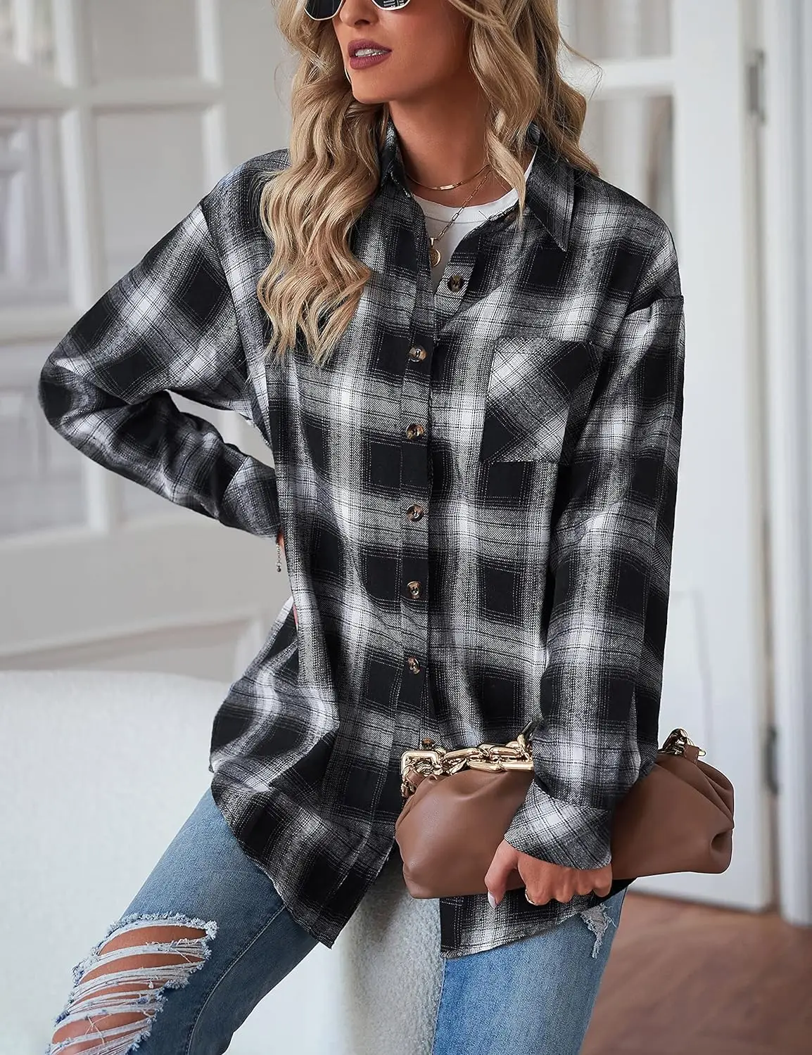 Pregnant women's new foreign trade European and American lapel loose button flannel shirt plaid long sleeved top jacket