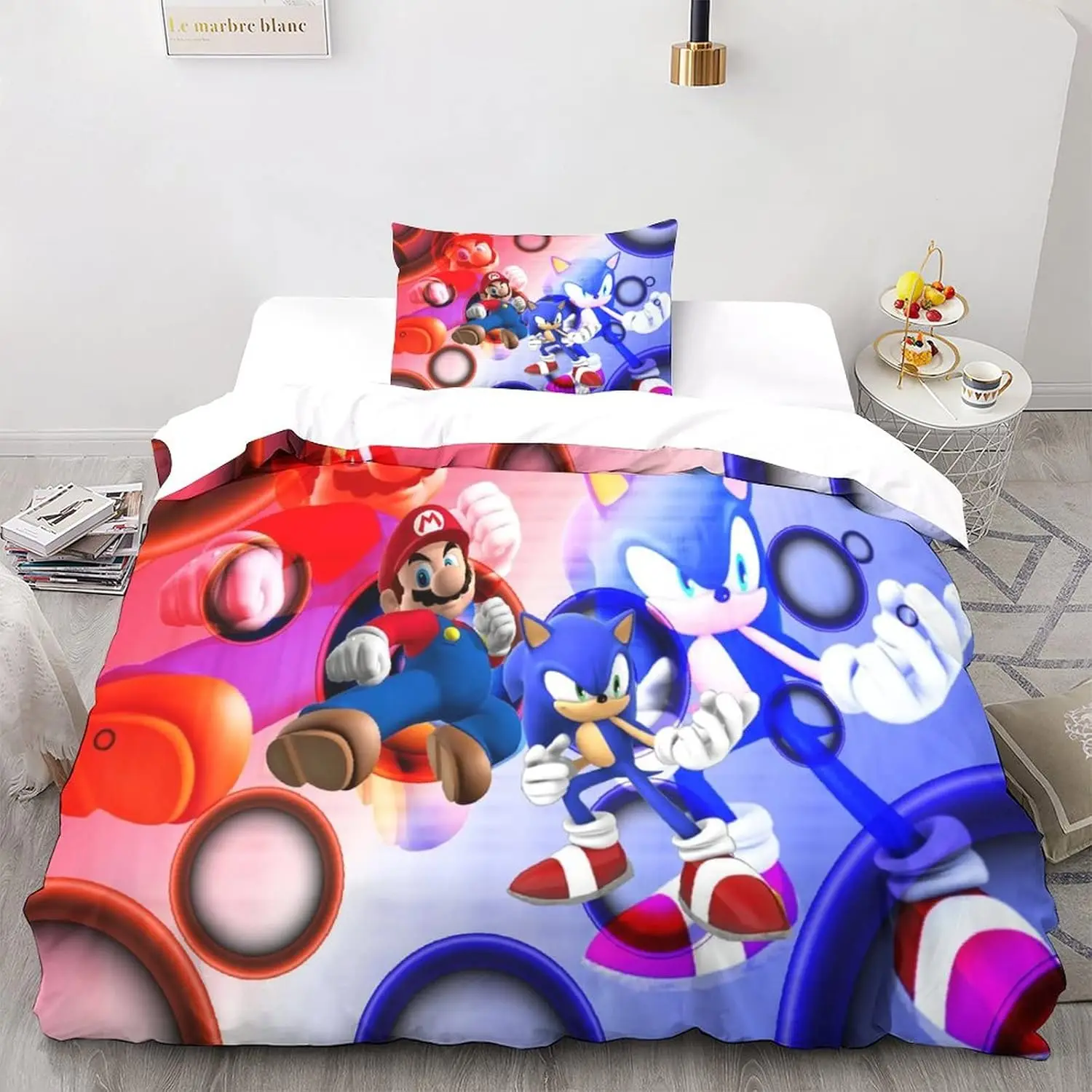 thumbnail image 1 of Funda nórdica con estampado de animación 3D de Sonic para niños, niñas y adolescentes, microfibra animada con cremallera y fundas de almohada, 1 of 5