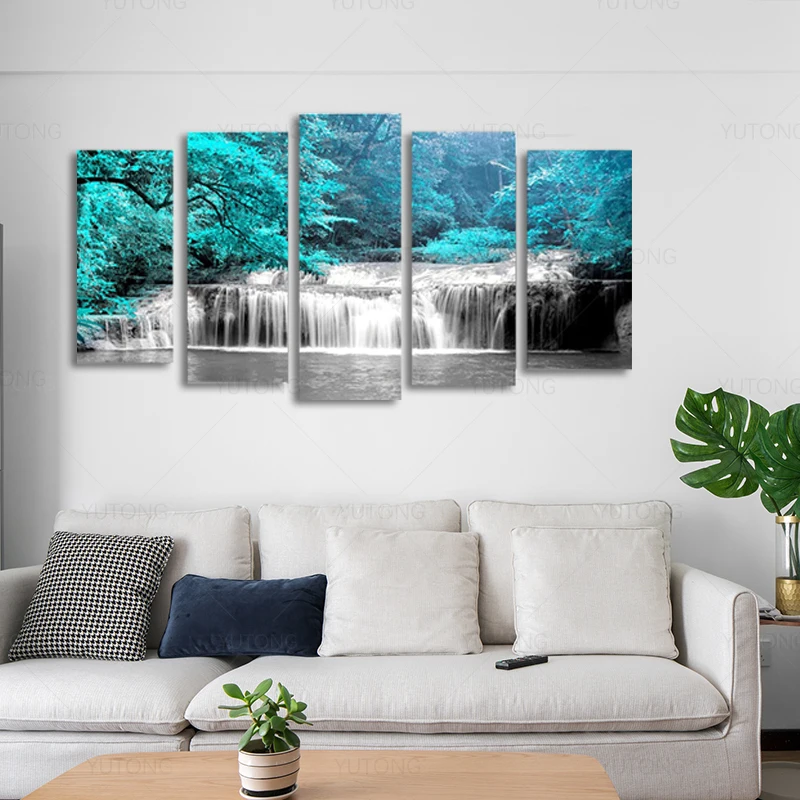 5 Panel Landscape Black White Teal Blue Forest Waterfall Canvas Wall