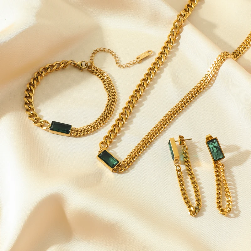 Jewelry sets jewelry set women earrings chain necklace EILIECK 316L stainless steel green crystal necklace bracelet earrings women luxury colorfast 3-piece set gift party