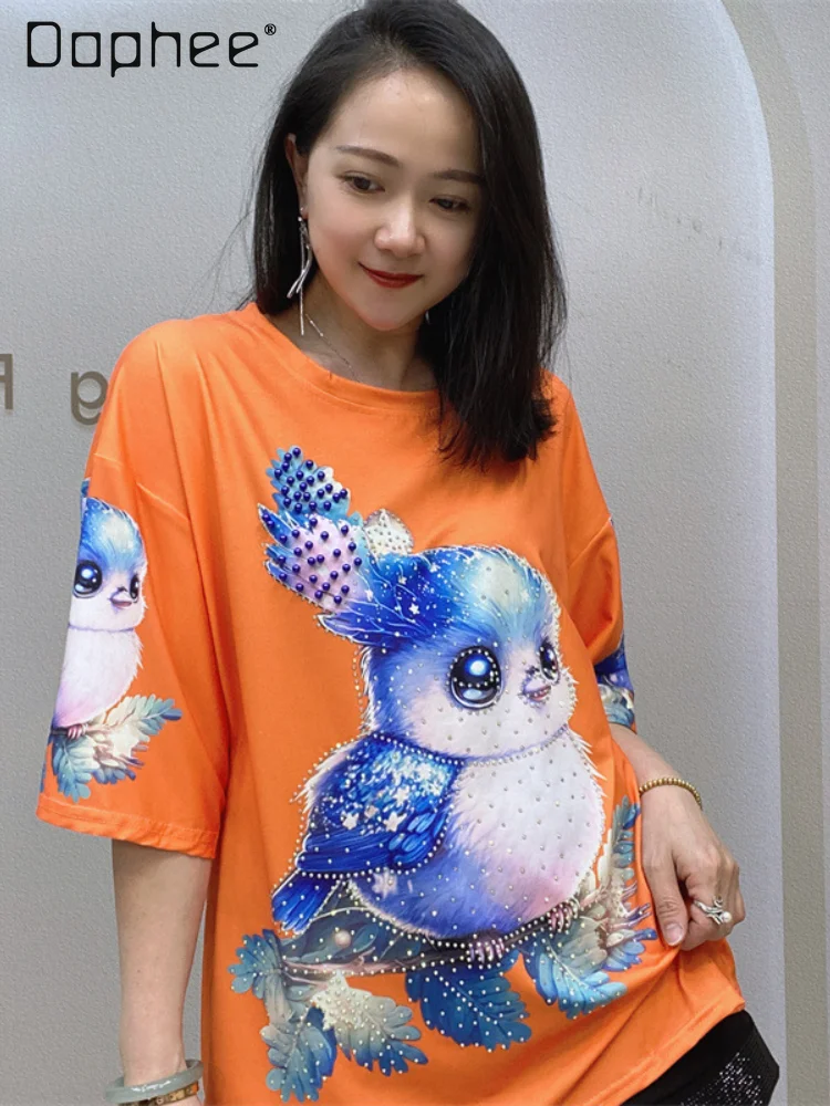 Summer New Short-Sleeved T-shirt Women's Cartoon Printed Rhinestones Thin Top 2024 Summer Casual Clothing Kawaii Clothes