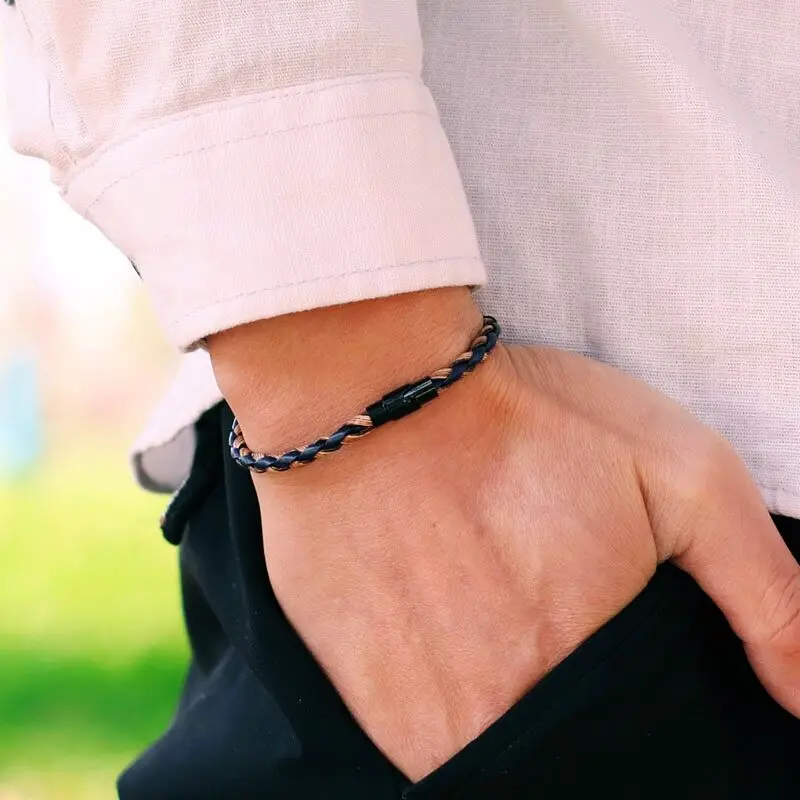 Men Leather Double Safety Magnet Buckle Braided Bracelet