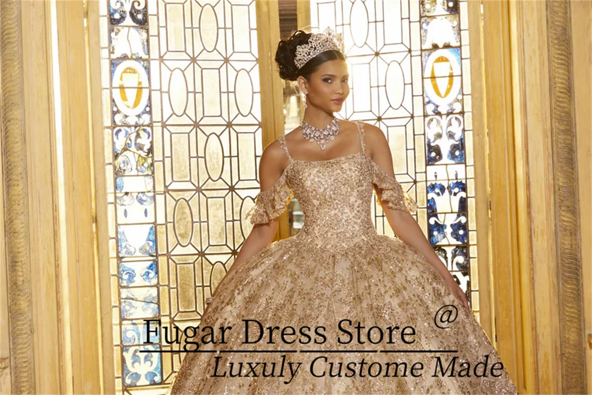 Quinceanera Dresses Off Shoulder Square Neckline Sparkle Glitter Sticker Sweet Party Ball Gown