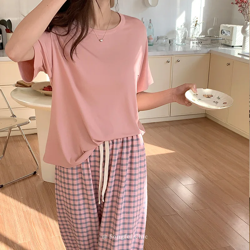 

Spring/summer 2023 New Pajamas Women's Plaid Pants Short Sleeve Set Color Contrast Modal Loose Household Clothes Can Be Worn Out