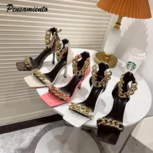 

2021 Ins Stijl Zomer Vrouwen Sandalen Fashion Metalen Kettingen Dunne Hoge Hakken Gladiator Sandalen Vrouwelijke Vierkante