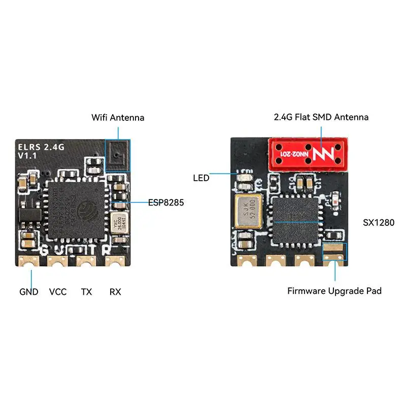 Récepteur ELRS Lite 2.4GHz installé sur un drone FPV, avec antenne plate orientée vers l'avant.