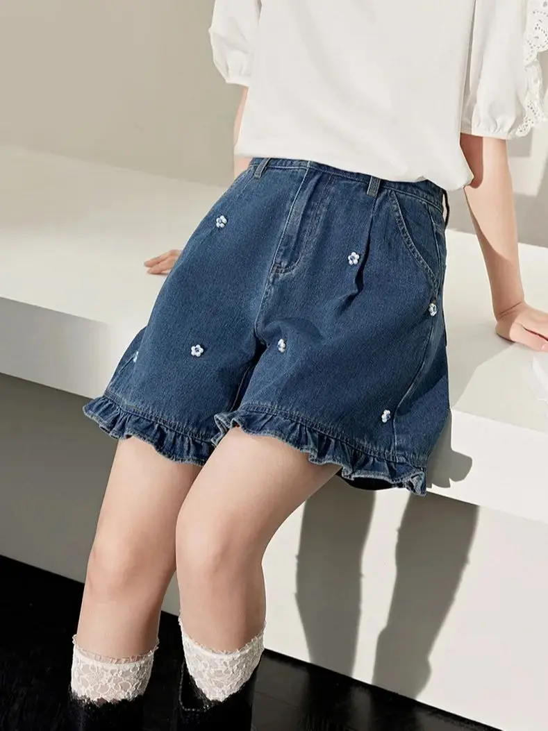 Denim Shorts Ruffles Stereoscopic Flower Women Basic Wide Leg Solid Summer Thin Loose Soft Vintage Shorts Korean