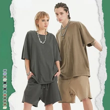 

New Men's Worn Looking Washed-out Oversize Short Sleeve Retro High Street Fashionable Solid Color T-shirt 1120 Harajuku