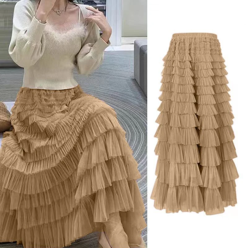 Summer Spring Women’s Multilayer Ruffles Tulle Skirt Pleated High Waist Fluffy Maxi Skirt Fairy Cake Dress Long Tutu Party Skirt