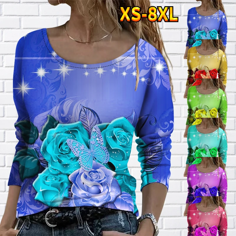 

Женская футболка в стиле ретро, Элегантная футболка с длинным рукавом и круглым вырезом, с цветочным принтом, весна-осень 2023