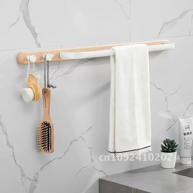 With White Bathroom Single Towel Rod Aluminum Wall Hanging Hook Rack Wood Shower Bar Bathroom Storage Accessories Bath Towel
