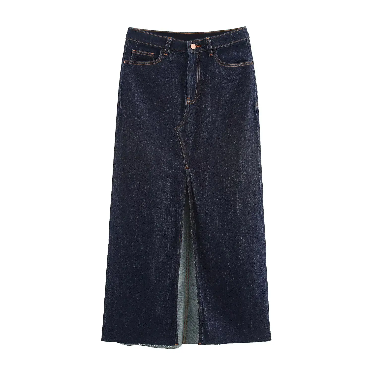 TFAFXY 2025, Frühling Casual Denim Lange Röcke Frauen Hohe Taille Zipper Vorne Split Lange Röcke Mode Taschen Vintage Mujer Rock – Detail 2
