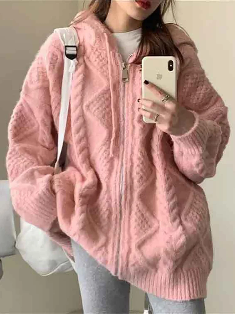 

MATTA Casual Loose Zipper Hooded Fashion Knit Cardigan Women 2022 Autumn Winter Thick Sweater Coat Long Sleeve Pink Top