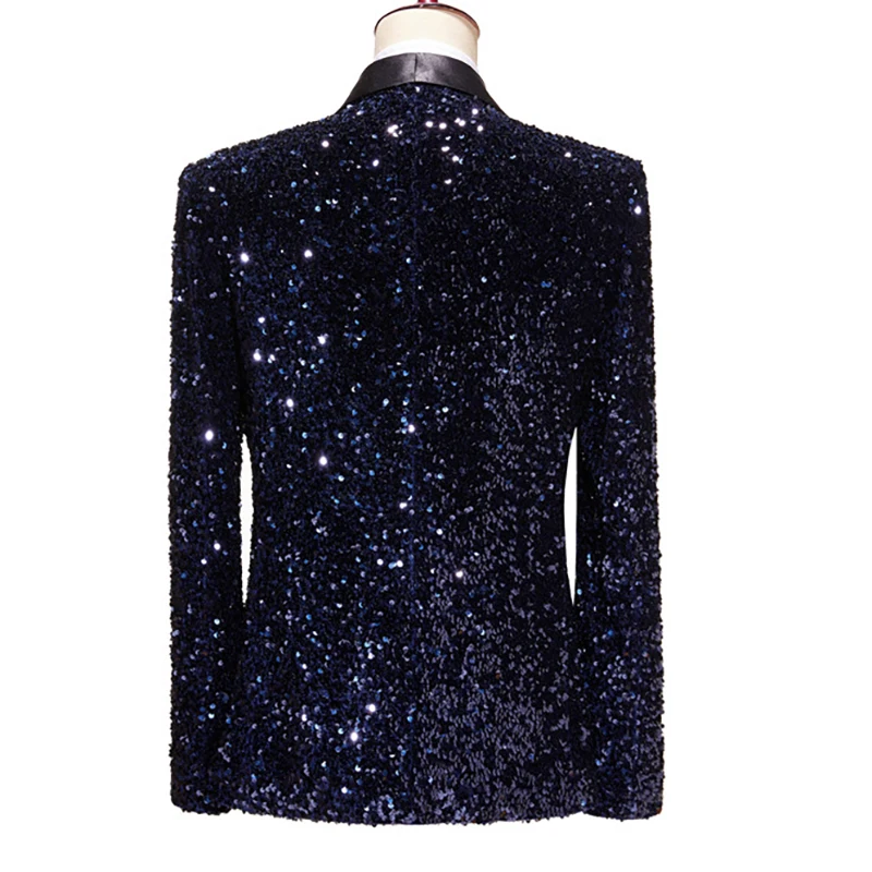 Mens Shiny Sequin Blazer Jacket Party Wedding Nightclub Glitter Shawl Lapel Tuxedo Blazer Navy Blue Stage Prom Dress Suit Jacket 3