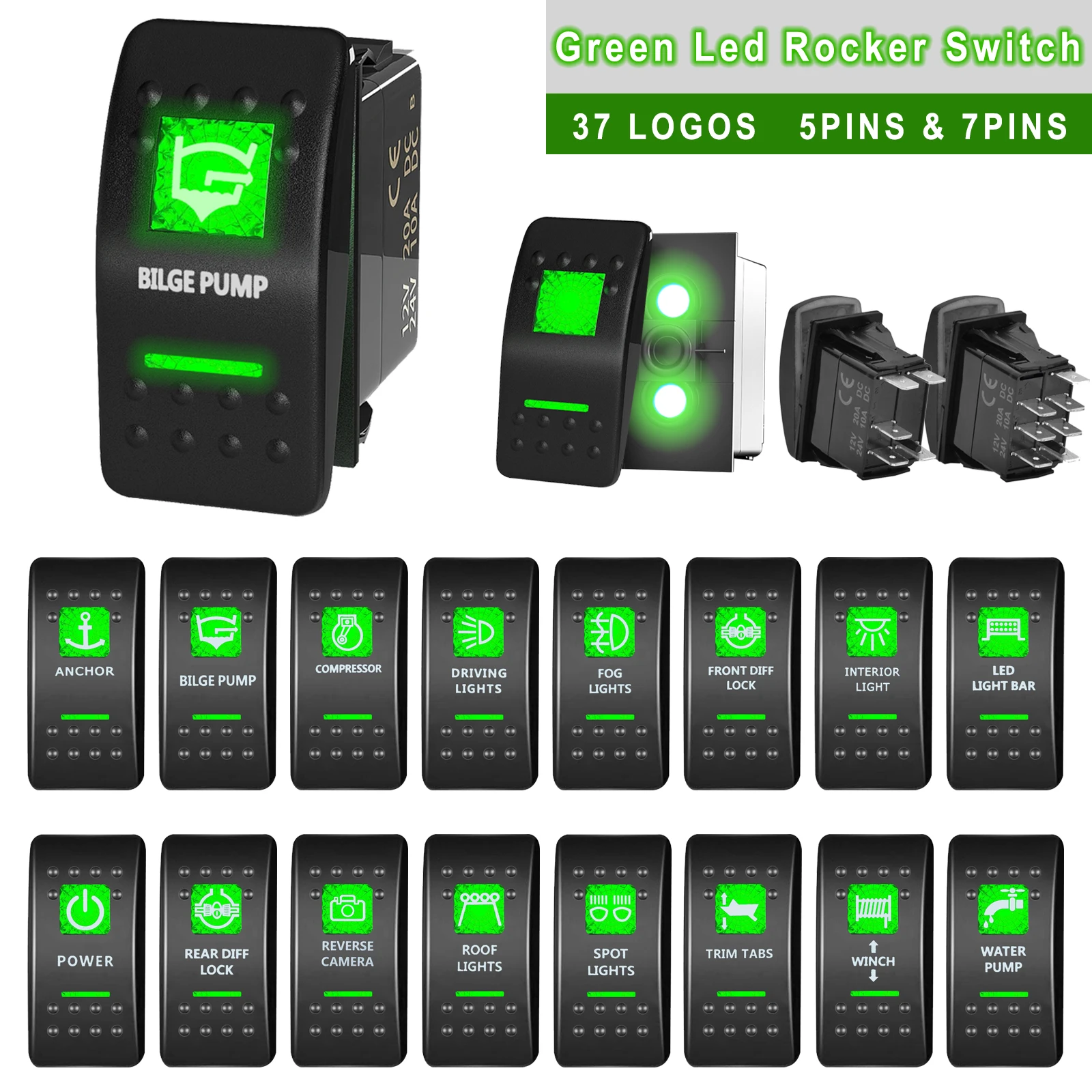 Bilge Rocker Switch 12V Bilge Pump Rocker Switch Green Led Momentary/Latching Marine Grade ...