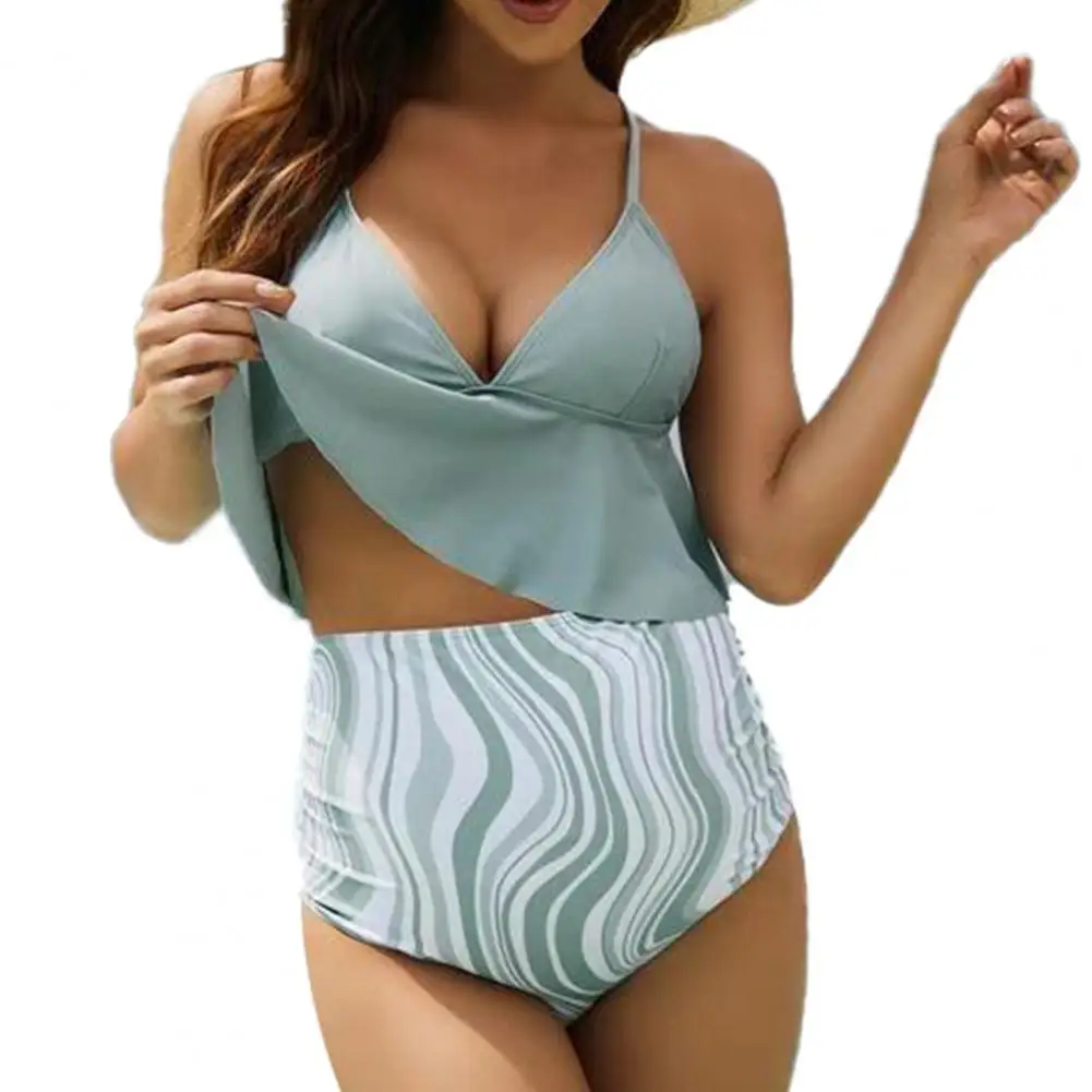 Adjustable Straps Padded Solid Color Top Wave Print Briefs Pregnant Suit Bikini for Swimming Pool