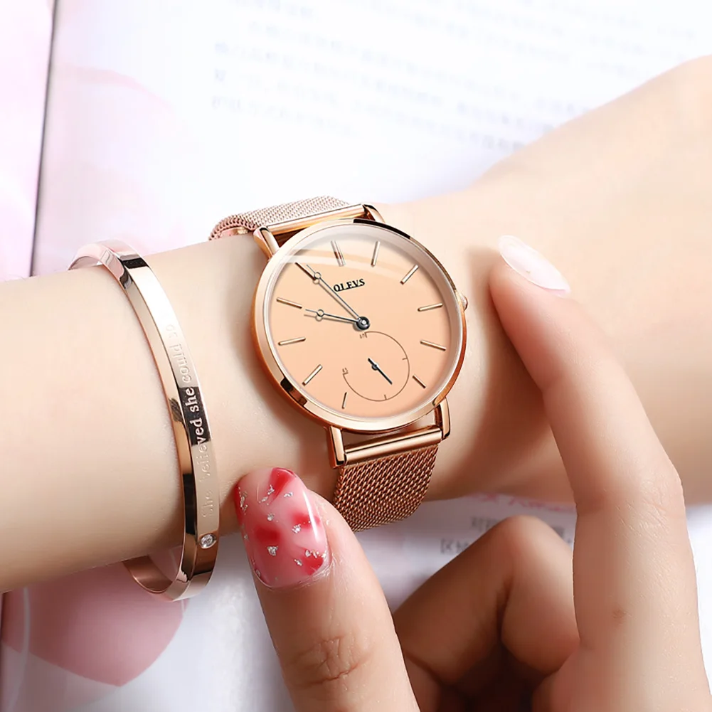 OLEVS Luxury Simple Design Fashion Watch for Women Rose Gold Mesh Belt Waterproof Quartz Watches Ladies Gift Reloj Mujer