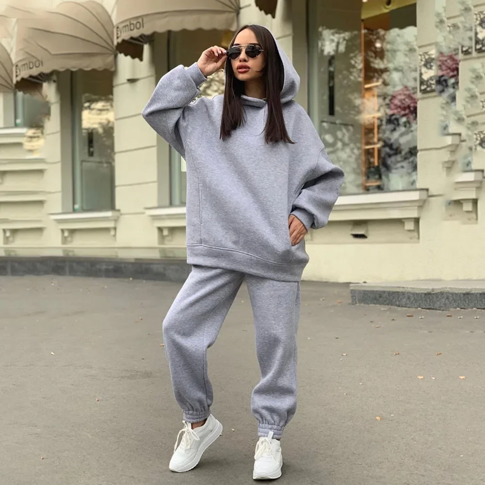 Casual Sportswear Suit Women Solid Color Warm Hoodies Loose Pants Sets Fall Winter Sports Pullovers Trousers 2 Piece Set 2023