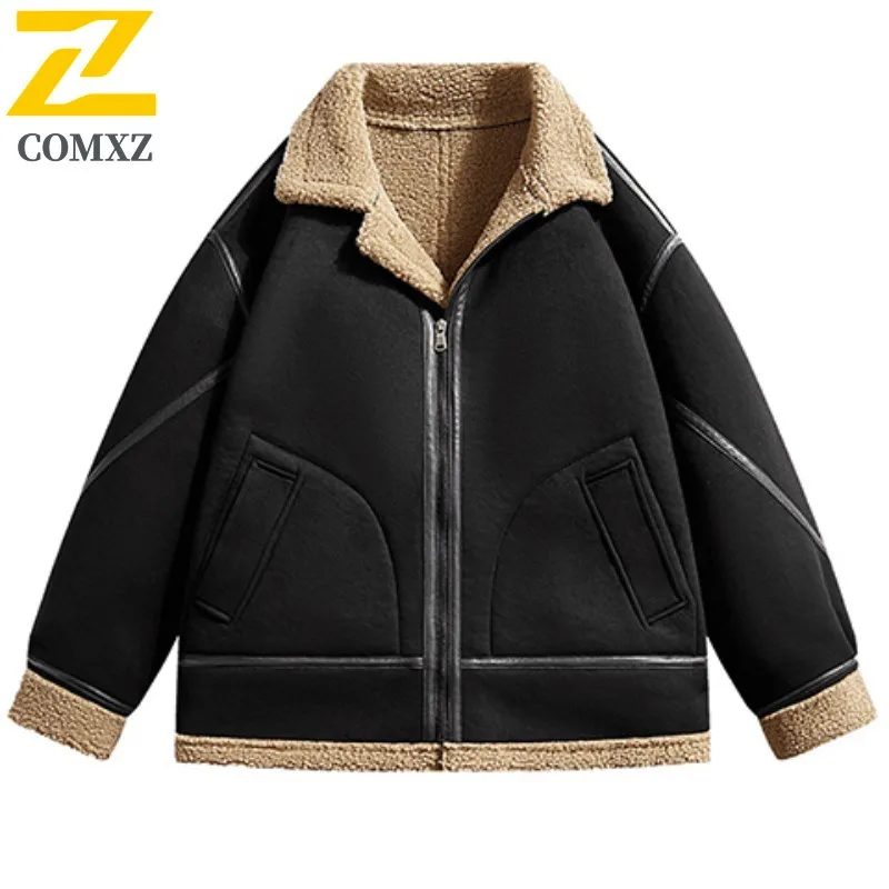 Men's Suede Fleece Jacket Winter Windproof Padded Coat Sports Korean Style Waterproof Thermal Lined  Outdoor Casual streetwear