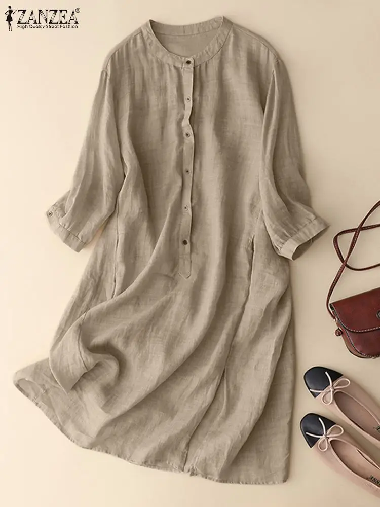 

ZANZEA Summer Vintage Dress Women Elegant O Neck 3/4 Sleeve Solid Casual obe Femme Loose Party Vestido Knee-length Sundress R