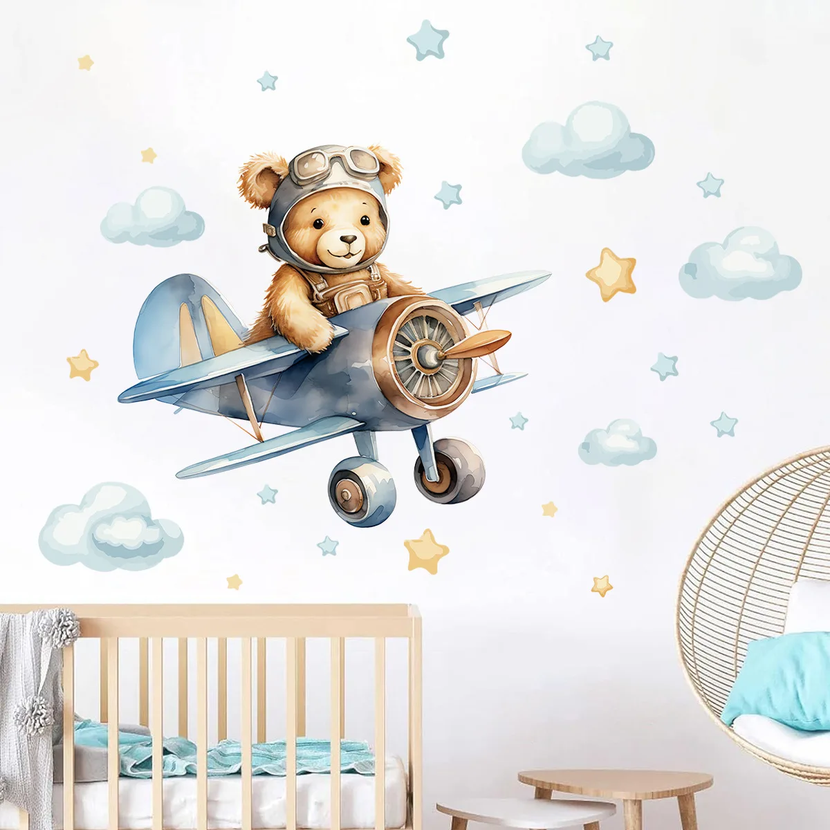 Cartoon Flying Airplane Bear Wall Stickers Self-adhesive Pvc Decals Kids Room Living Room Nursery Classroom Wall Decoration