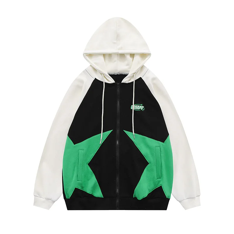 

Y2k Hoodies Men's And Women's Star Patchwork Raglan Sleeves Cardigan Hooded Sweatshirt Oversize Couple Loose Jacket