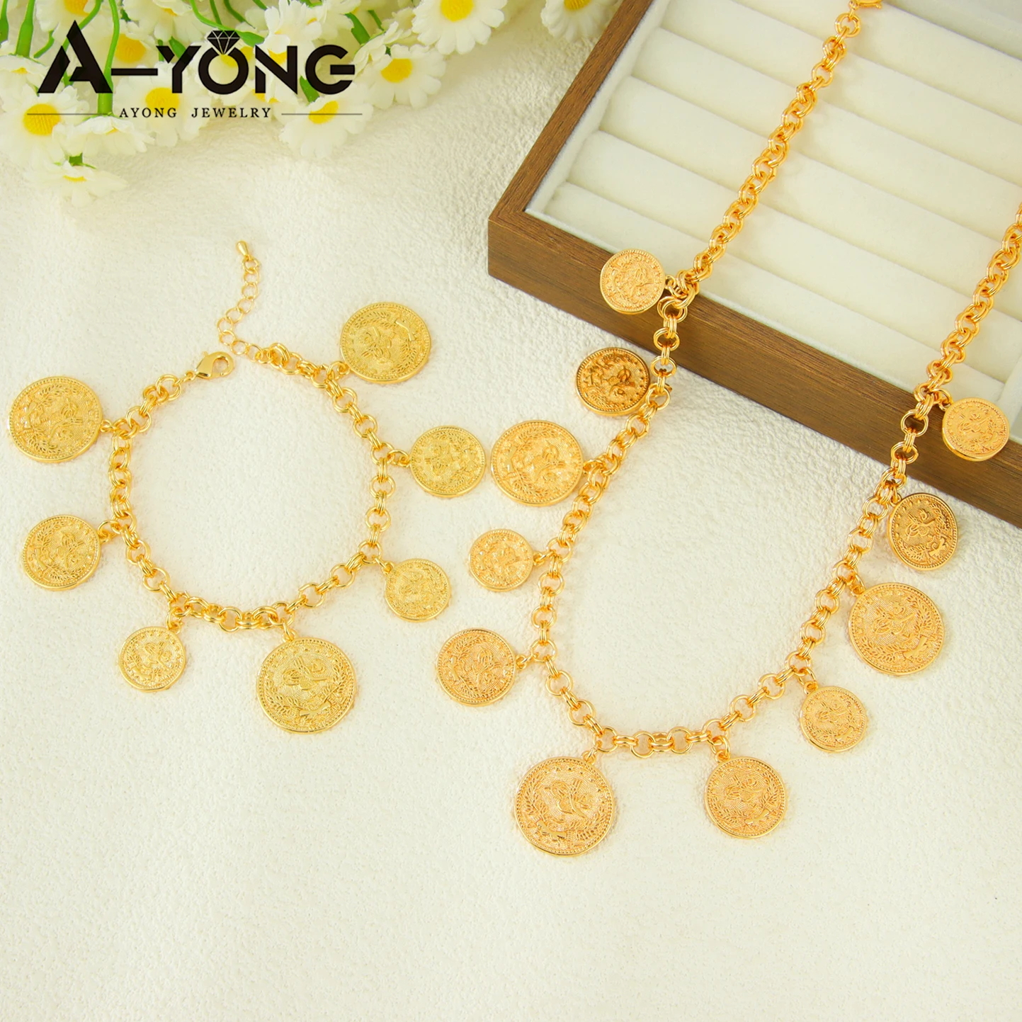 Turkish Coins Neckalce Bracelet Set 24k Gold Plated Kurdish Vintage Beads Pendants Chains Nigeria Women Bridal Wedding Jewelry