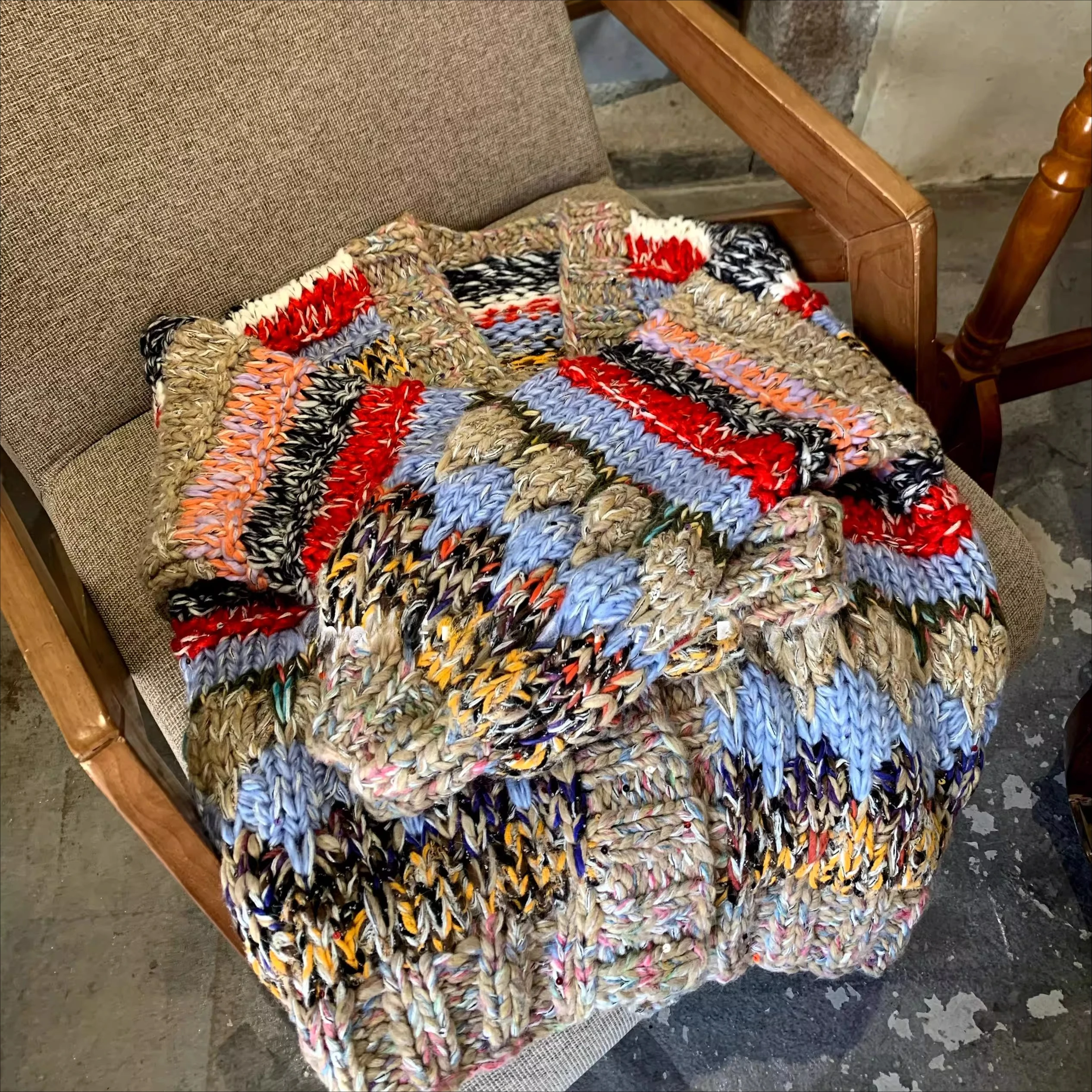 Women Vintage Multicolor Chunky Knit Cardigan Color Block Loose