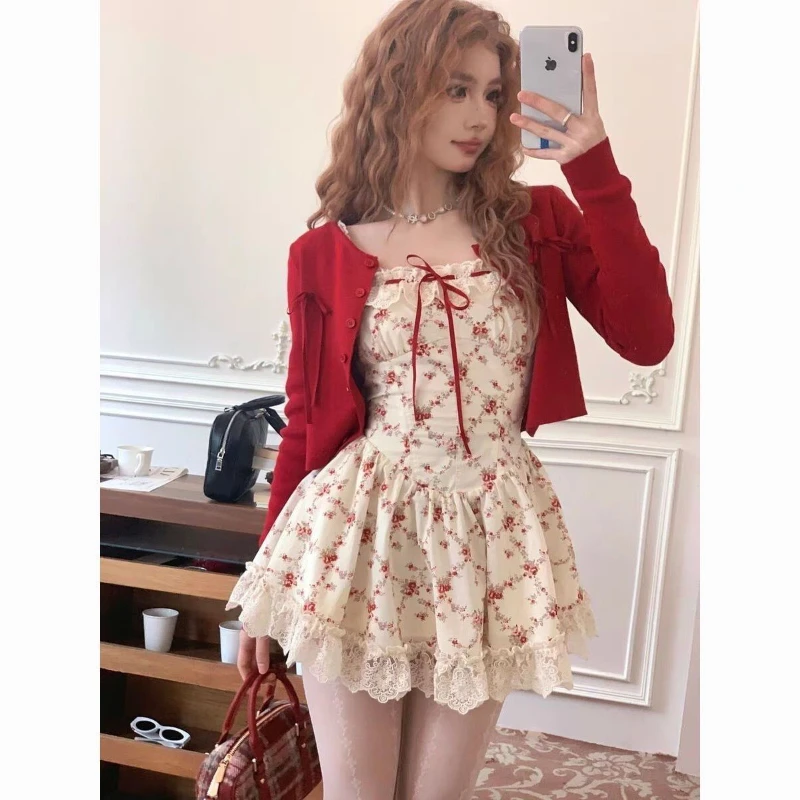 

Elegant Sweet Lace Floral Camisole Dress for Women+ Thin Long Sleeve Sun Protection Cardigan Coat 2024 Summer New Two Piece Sets