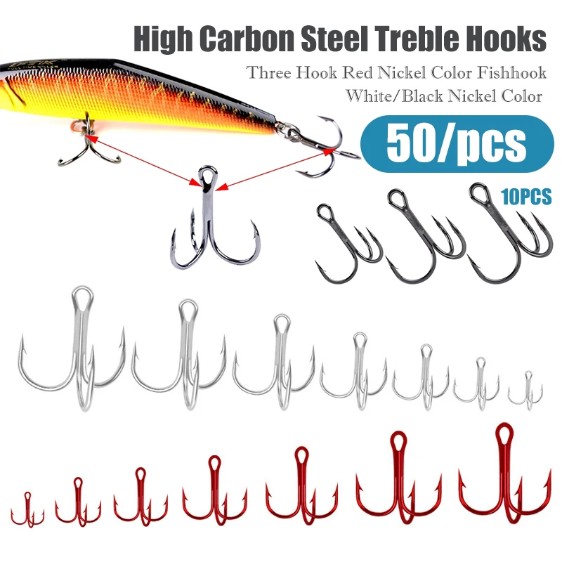 

50/10Pcs 3/0#-14# High Carbon Steel Treble Hooks Three Hook Red Nickel Color Fishhook Barbed Treble Hook Fishing Tackle