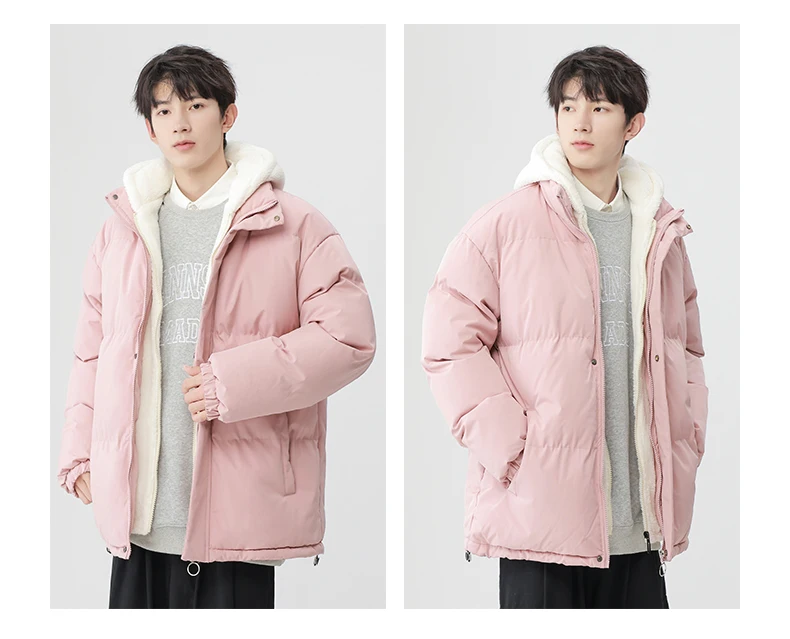 Man Winter Jacket Loose-fit Thickened Warm Cotton Coat Fleece Hood Men Trendy Cotton Padded Jacket Fake Two-piece Pink Couple