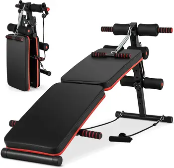 7 in 1 Sit up Bench Foldable Workout Bench with 4 Position Adjustable Height Multi-Layer Structure Cushion 2 Elastic Ropes Workout