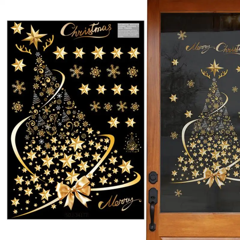 Gold Christmas Tree Decorative Glass Stickers Window Clings Decals Home Party Decorations wall stickers window stickers