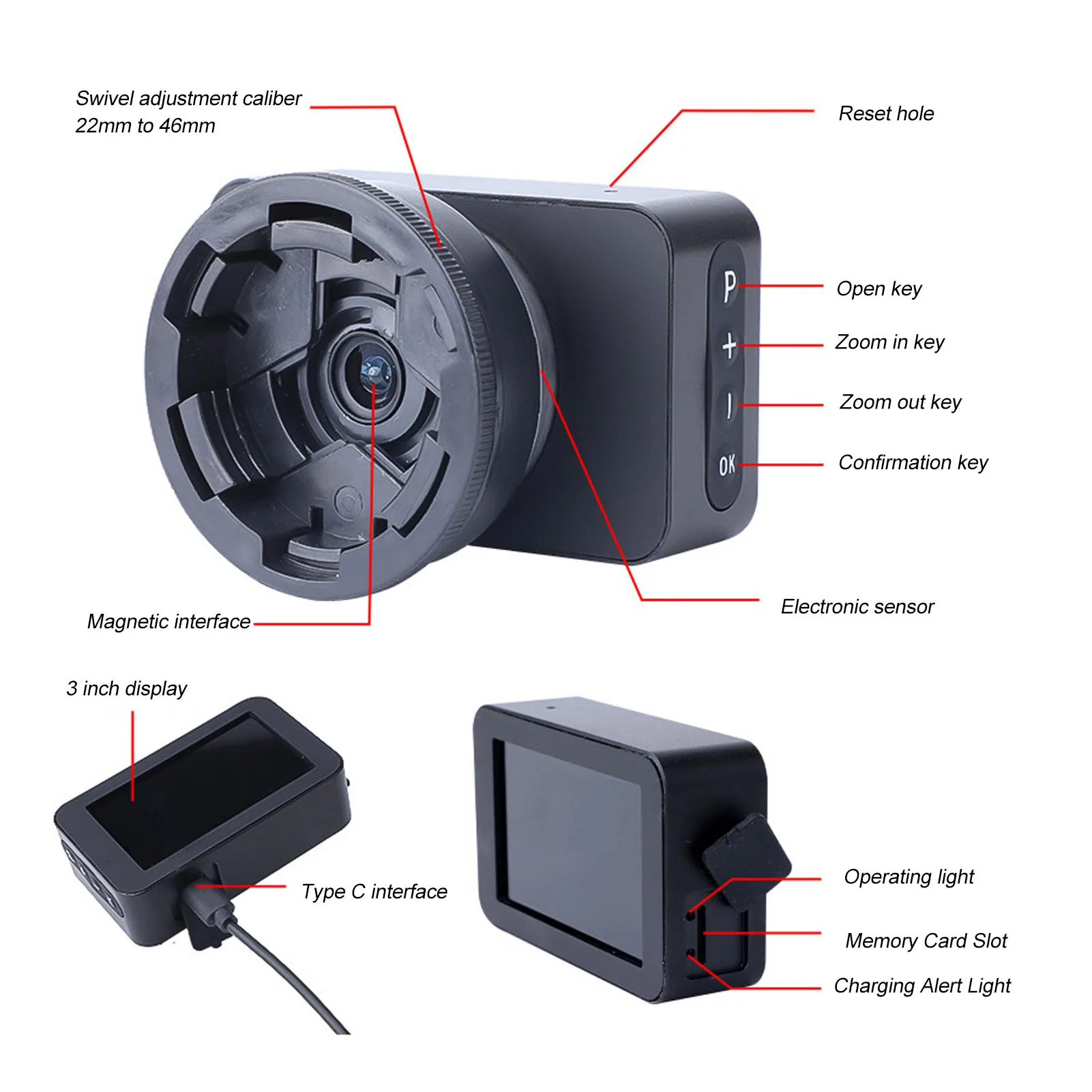 새 관찰용 천문학 접안 렌즈 카메라, 5 단계 디지털 줌 망원경 접안 렌즈, 4K C 타입 충전, 3 인치 컬러 디스플레이