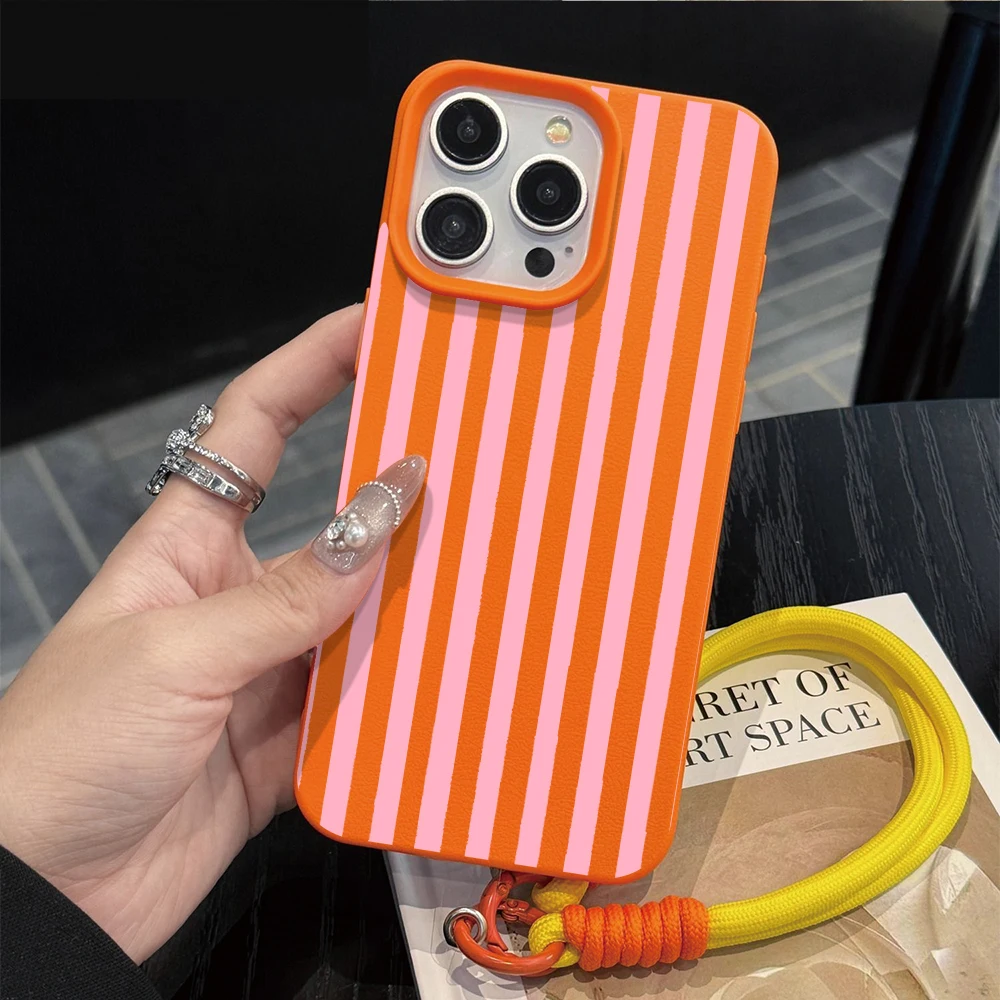 Striped Minimalist Hand Wrist Strap Case with Lanyard Cover