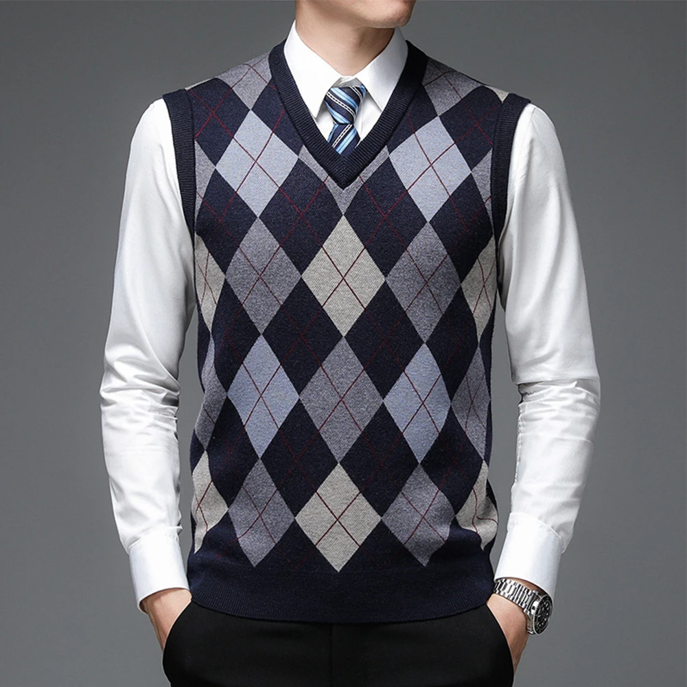 Men\'s Knitted Tank Top  Sleeveless Pullover  V Neck Casual Plaid Sweater Vest  Wool Blend  Khaki/Red/Grey/Navy/Dark gray M 3XL