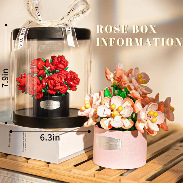 Romantic Rose Preserved Flower Building Block Plant Bouquet Model Bricks Set With Dust Cover Kids Toy Girls Valentine's Day Gift 6