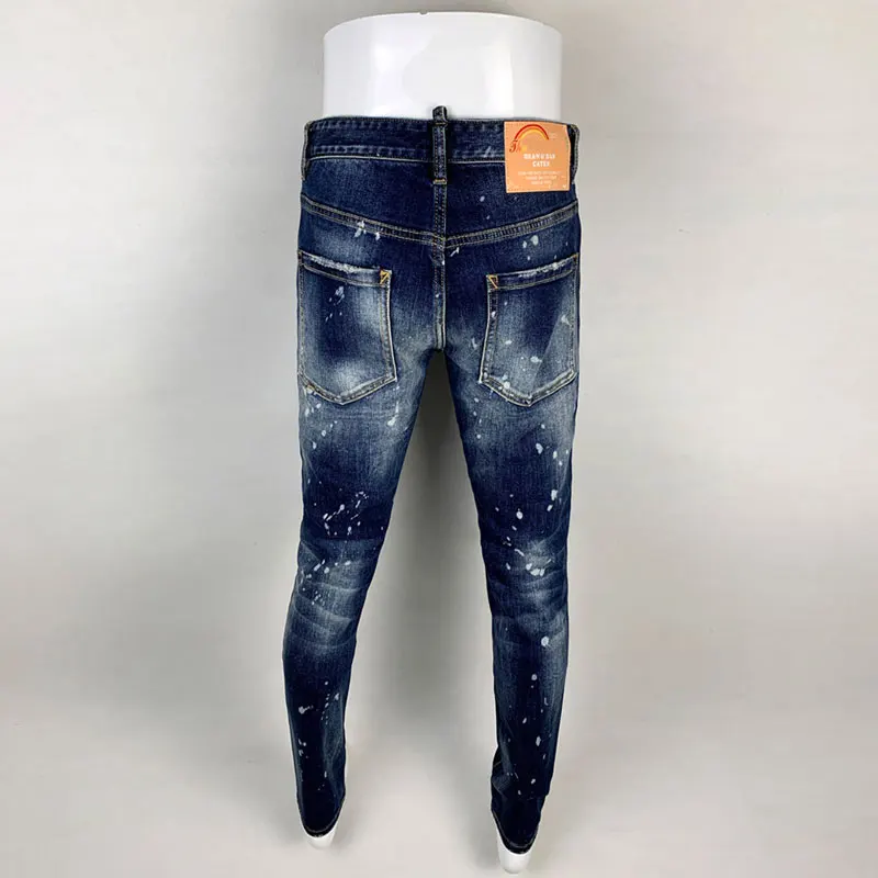 Street Fashion Men Jeans High Quality Retro Blue Stretch Slim Fit Ripped Jeans Men Painted Designer Hip Hop Brand Pants Hombre
