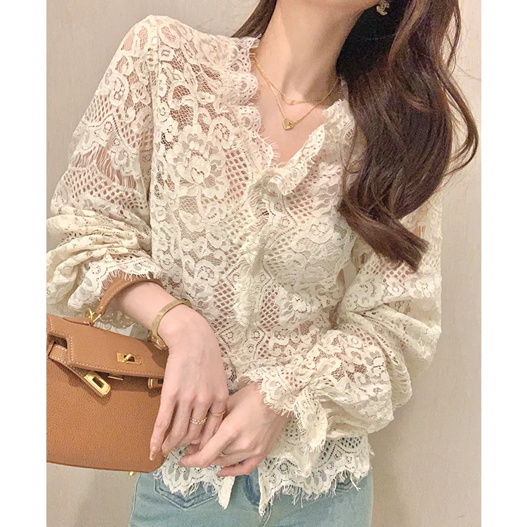 Women's Clothing 2024 Spring Autumn Sexy Hollow Out Lace Chic Vintage T-shirts Female Casual Solid V Neck Slim Long Sleeve Tops