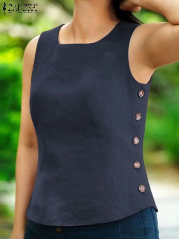 

Топ ZANZEA женский с круглым вырезом, модная повседневная Пляжная блузка без рукавов, элегантный праздничный однотонный оверсайз