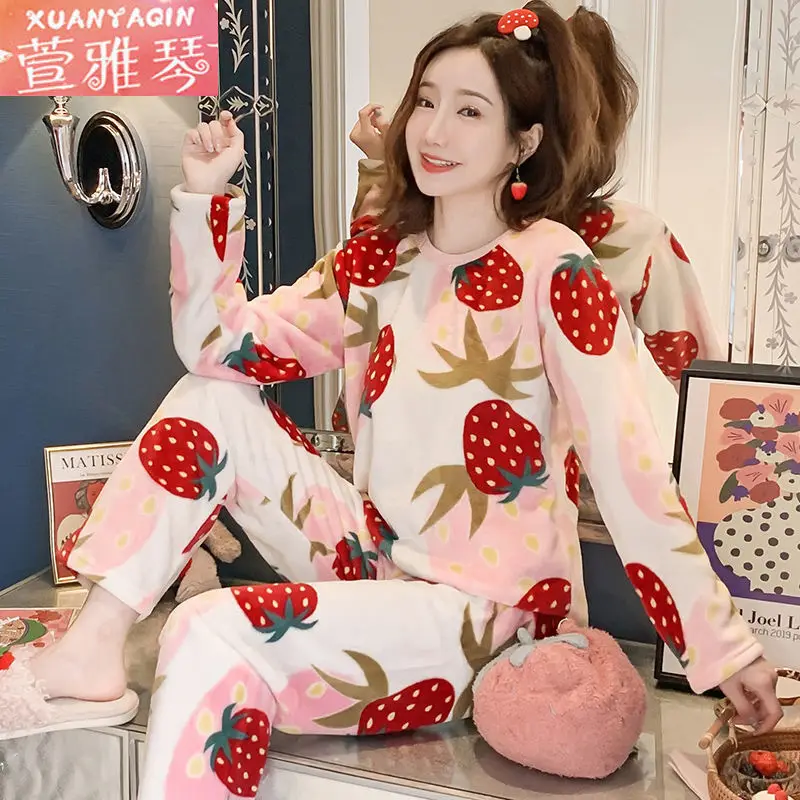 

Leisure Wear Homewear Nightie Female CoralFleece Pajamas Sets For Women Autumn Winter Thick Warm Sweet Cute Sleepwear Flannel